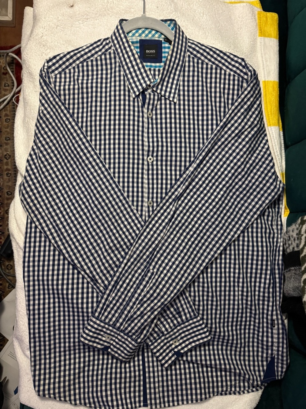 BOSS Navy and White Gingham Dress Shirt